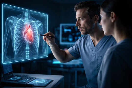 AI generated doctors analyzing digital chest scan with highlighted heart using advanced medical interface representing diagnostics healthcare innovation and clinical research technology