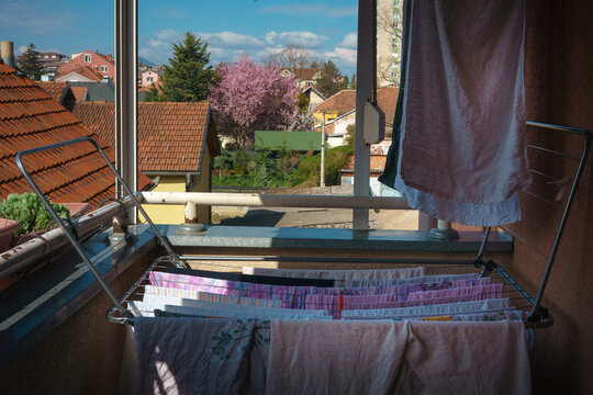 Drying laundry on the terrace during a spring day