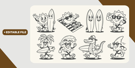 Retro cartoon summer surf vector set. Sun, surfboard, wave, palm tree, alligator characters. © Kingko