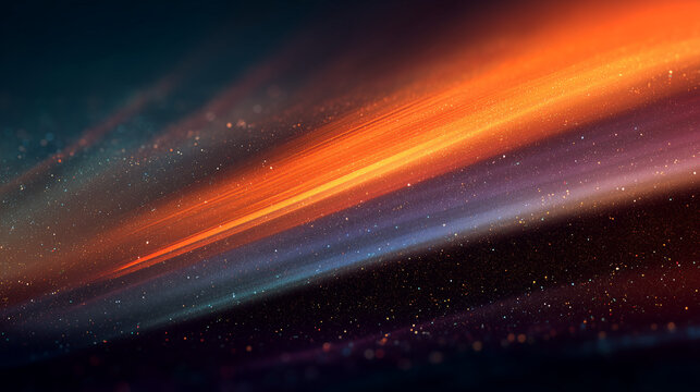 An ethereal abstract background presenting radiant diagonal light streaks in orange and blue, gently illuminating a dark, dust-filled space with shimmering particles.