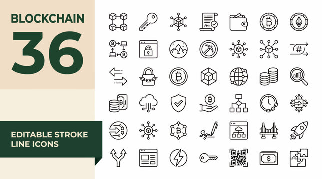 Editable stroke icon set of 36 blockchain and crypto symbols in outline style for web, UI, and app design