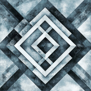 Textured abstract geometric pattern with blue-grey intersecting shapes and prominent nested white square outlines, creating a sense of depth
