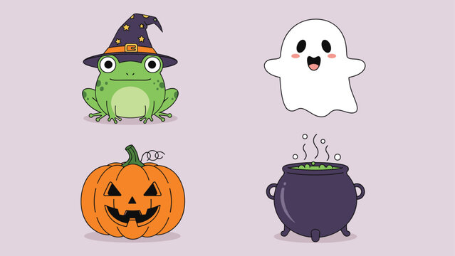 Collection of four cute Halloween characters featuring a frog in a witch hat ghost pumpkin and boiling cauldron.