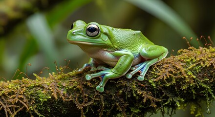 Obraz premium Bright green tree frog resting peacefully on a moss-covered branch in a natural habitat.