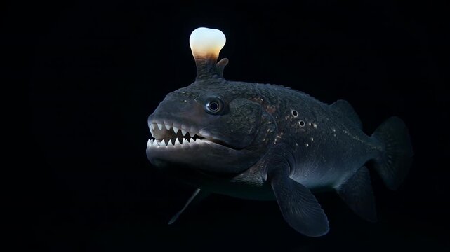 Anglerfish underwater with bioluminescent lure in deep ocean
