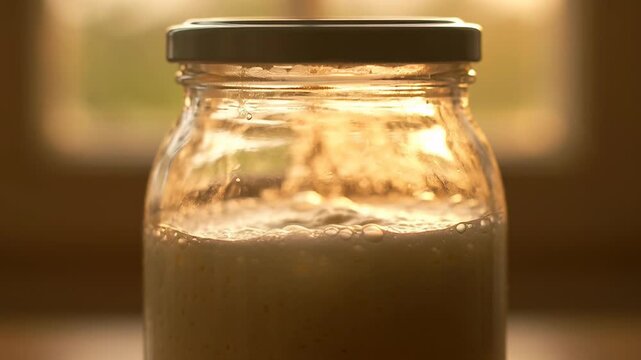 Fermented kefir in glass jar with sunlight glow at home