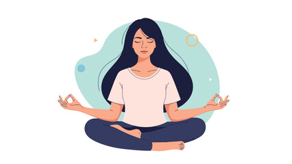 Obraz premium Young woman with long dark hair meditating in a peaceful lotus pose with abstract shapes and circles in the background.