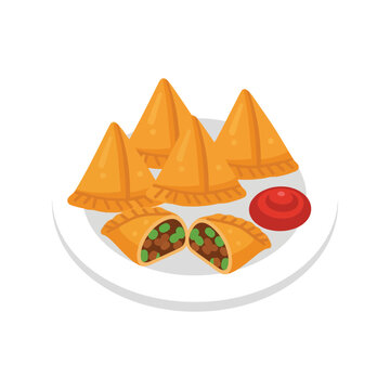 Indian samosa vector illustration with chutney on plate, traditional snack food clipart