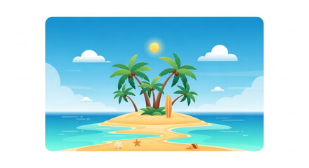 Obraz premium A vibrant vector illustration of a tropical island with palm trees and a sunny sky
