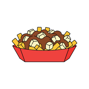 Poutine vector illustration of fries with cheese curds and gravy in red container on white background