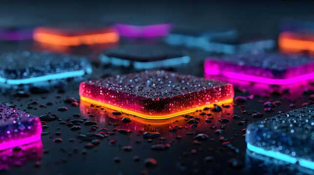 Glowing neon square tiles in futuristic grid with water droplets on black cyberpunk design