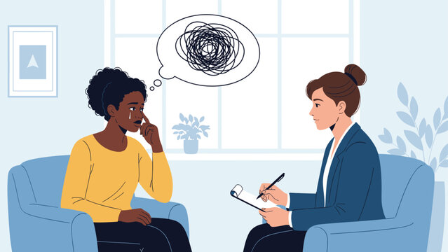 Professional therapist taking notes during a session with a woman expressing her tangled and complex thoughts.