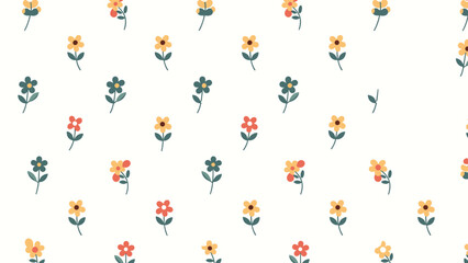 Obraz premium Delicate and colorful seamless pattern of small hand-drawn flowers in orange and teal on a soft off-white background.