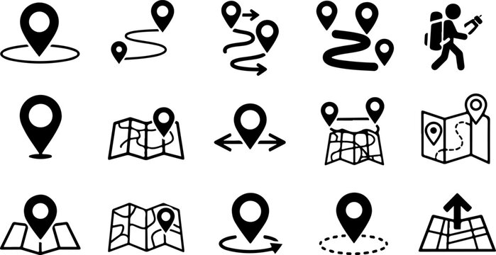 Map and location icon collection. Solid vector symbols including pin, navigation, direction, distance and address elements for interface design eps