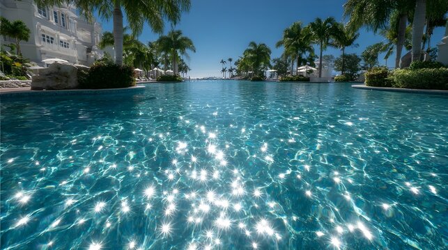 Sunlit resort swimming pool with crystal clear water empty peaceful tropical leisure destination ambiance