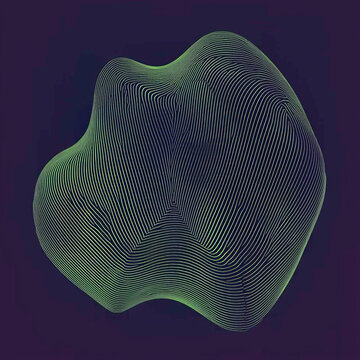 Vibrant green undulating lines form an abstract organic shape against a dark purple background, creating a dynamic 3D effect