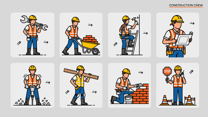 Fototapeta premium Construction workers vector set featuring builders performing various tasks with tools, wheelbarrow, blueprint, and safety gear.