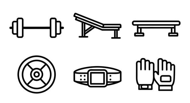 Fitness equipment icons set collection.