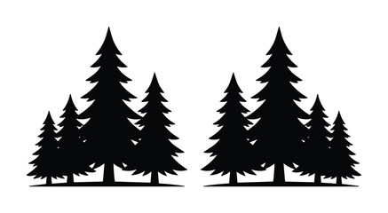 Black pine tree silhouettes, minimalist evergreen forest vector icons, coniferous woodland landscape elements for outdoor adventure branding © Carter