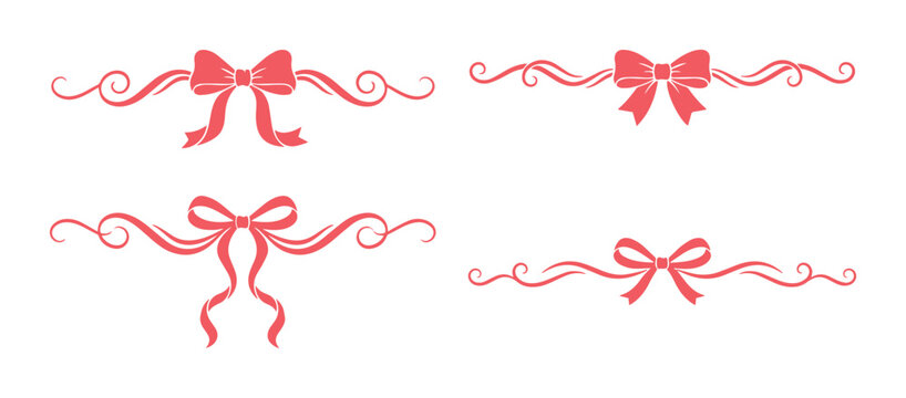 Vintage pink ribbon bow dividers, elegant decorative swirl border set, romantic hand drawn flourish ornaments for wedding invitations and stationery