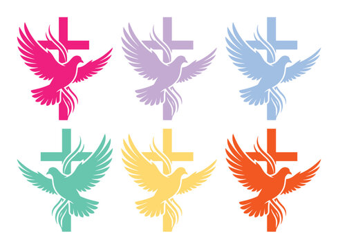 Christian dove and cross icons, colorful religious bird silhouettes, set of 6 spiritual vector symbols for church branding and easter design