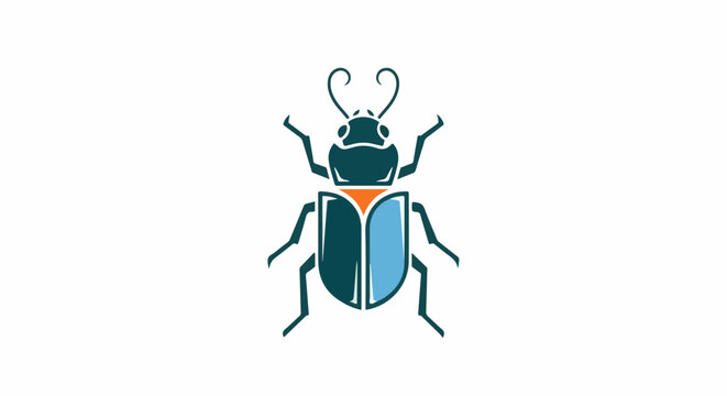 A stylized insect, featuring a dark teal body with orange and light blue accents, on a white background