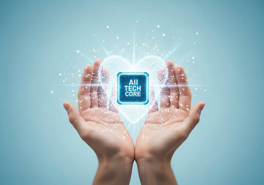 Two human hands cupped together holding a glowing blue microchip labeled AII TECH CORE inside a white digital wireframe heart on a light blue background