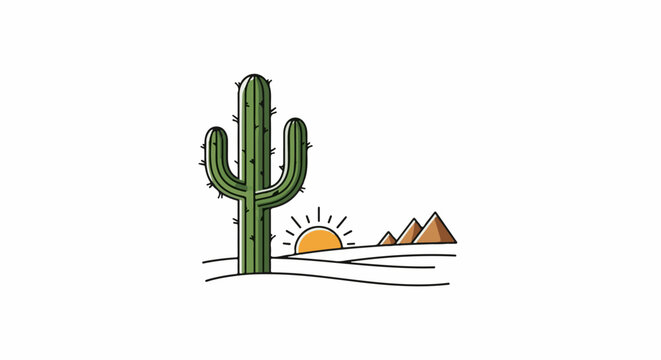 A cartoon cactus stands tall in a desert landscape with a rising sun