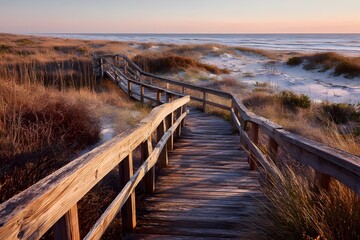 Fototapeta premium Boardwalk trail elevated over coastal dunes white sand below scenic seaside landscape walkway perspective