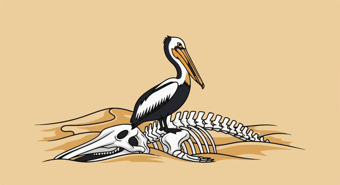 A pelican perches atop a bleached skeleton resting in sand dunes