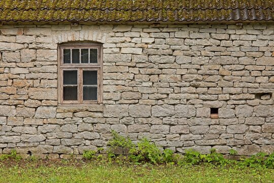 Rustic limestone wall characterized by its rough-hewn, arranged stones in summer, Koguva village, Muhu, Estonia, Europe.