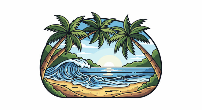 Stylized pixel art of a tropical beach scene with palm trees and a breaking wave at sunrise