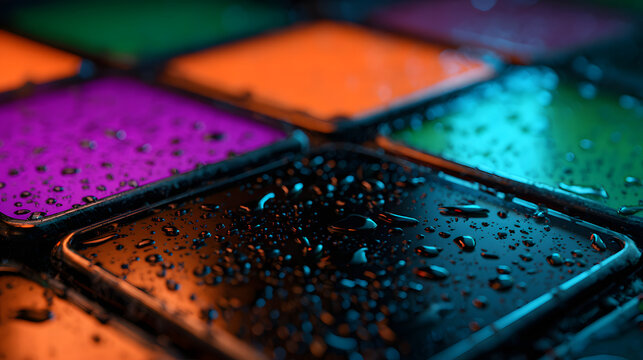 Glowing neon square tiles in futuristic grid with water droplets on black cyberpunk design