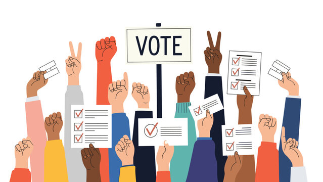 Crowd of diverse hands raised in the air holding voting ballots and a sign with the word Vote representing democratic participation.