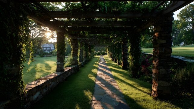 Bluestone pathway under pergola glowing in golden hour light serene outdoor architecture scenic walkway perspective