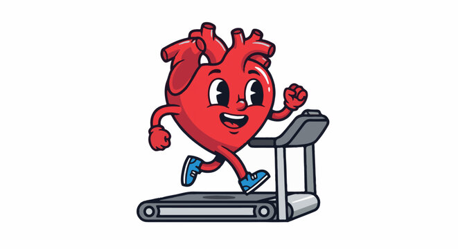 A happy cartoon heart with a smiling face runs on a treadmill, exercising