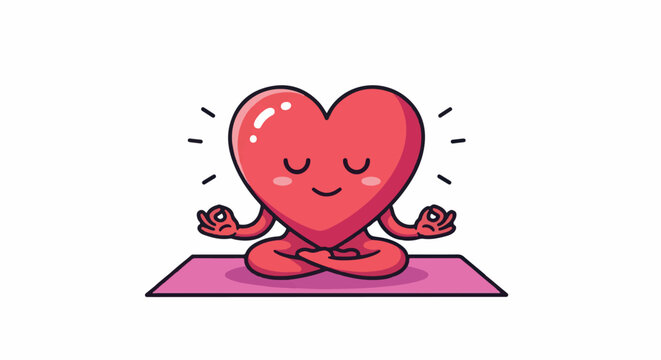 Cute cartoon heart character meditates peacefully on a pink yoga mat, eyes closed with a serene smile