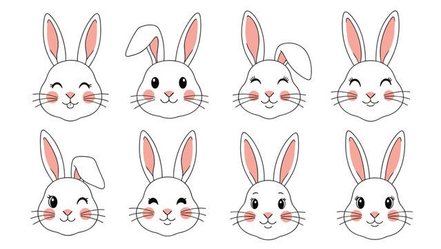Collection of eight adorable bunny rabbit faces with various cute expressions and pink ears for festive easter designs.