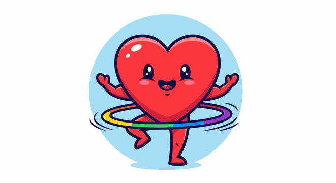 A cute heart character with arms and legs joyfully hula-hoops a rainbow ring