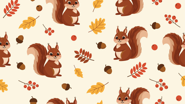 Seamless autumn pattern with cute brown squirrels, colorful fallen leaves, acorns, and red berries on a beige background.