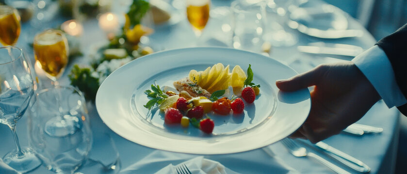 Elegant dining: Hand places a gourmet plate of fish, fruit, and berries on a candlelit table