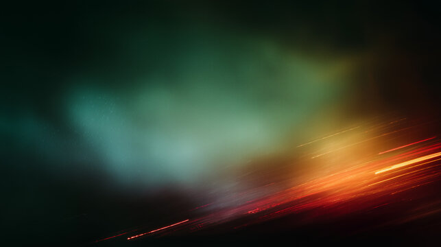 A moody abstract background features a mysterious, diffused blue-green light illuminating a dark textured space, dramatically offset by glowing diagonal streaks of vibrant orange and red.