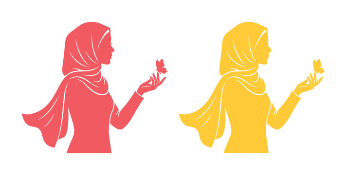 Muslim woman silhouette wearing hijab with butterfly, elegant middle eastern female profile vector, pink and yellow modest fashion icons