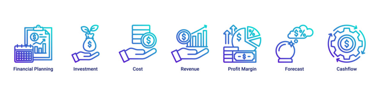 Finance Strategy web banner icon vector illustration with icons of Financial Planning,Investment,Cost,Revenue,Profit Margin,Forecast and Cashflow