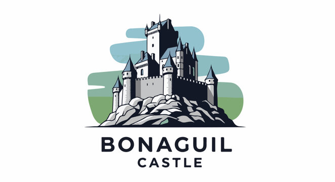 Majestic fortress stands tall on rocky terrain, with conical towers and crenellated walls, against a serene backdrop