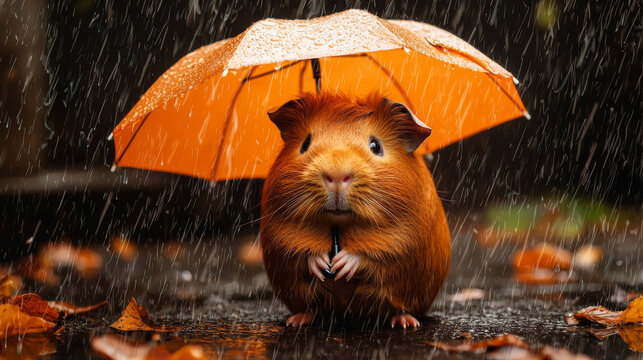 Fluffy rodent under an orange umbrella in a downpour, with autumn leaves on the wet ground, reflecting the rain
