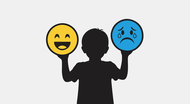 Silhouette of a child holding a happy yellow face and a sad blue face