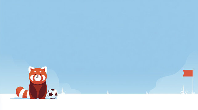Minimal red panda with soccer ball on blue background flat sports illustration
