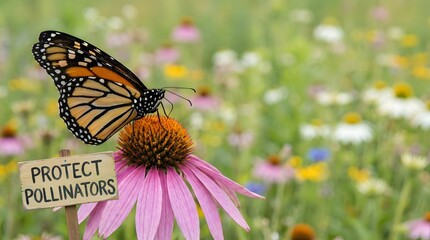 Obraz premium A monarch butterfly rests on a vibrant purple coneflower next to a 'Protect Pollinators' sign in a sunny field of wildflowers.