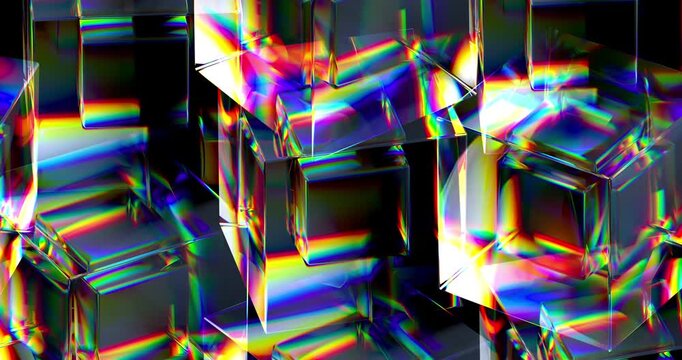 Group of glass cubes arranged in a complex structure with intense rainbow light reflections.